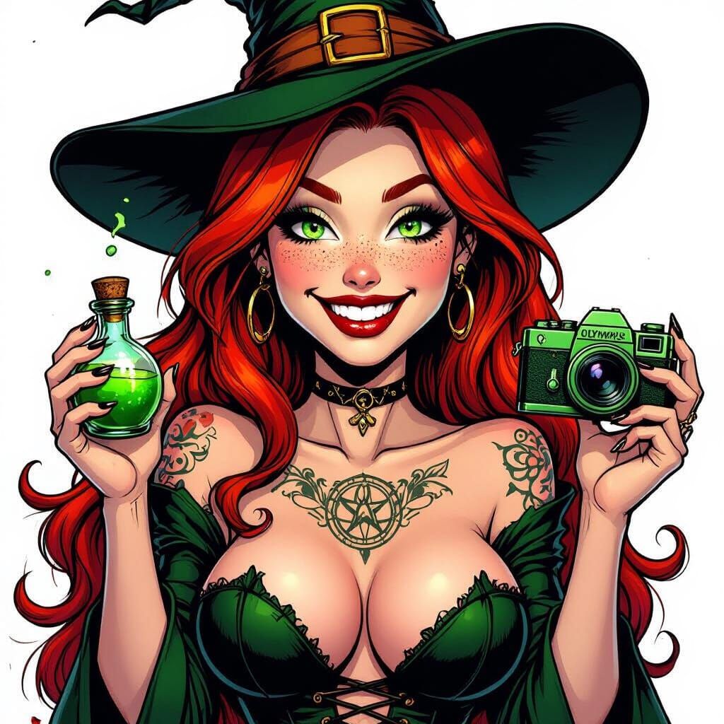 Comic Style Witch Offers Magic Potion and Camera