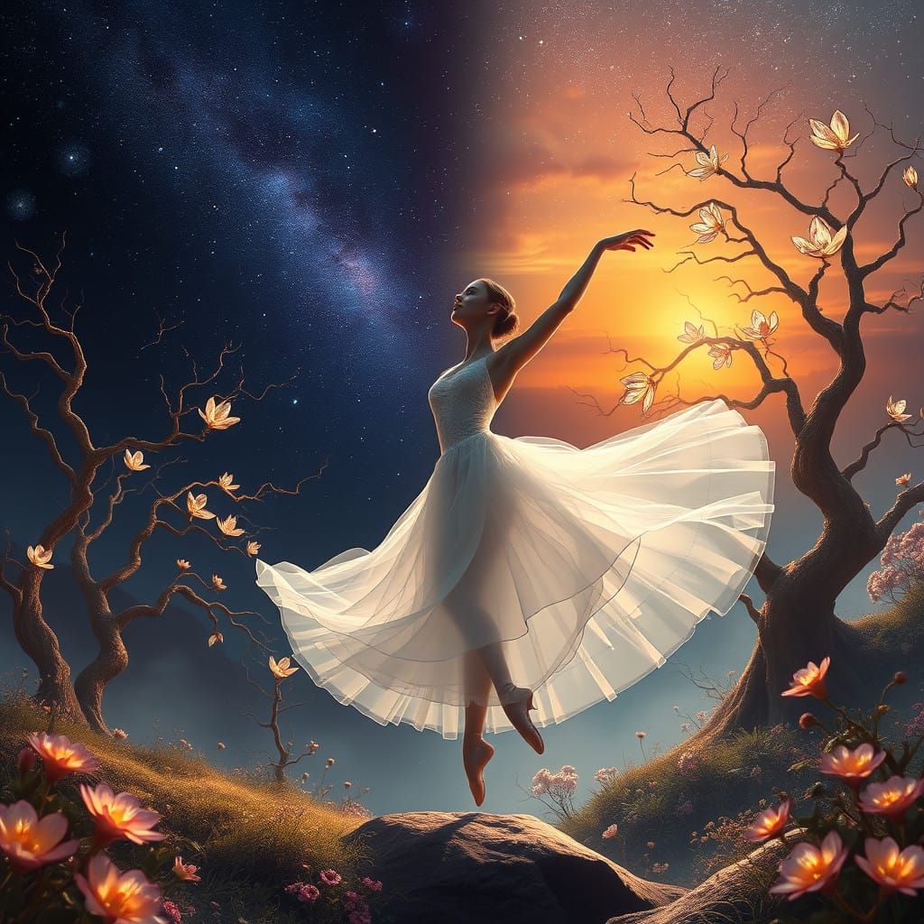 Ethereal Ballerina in Starry Night to Sunrise Landscape