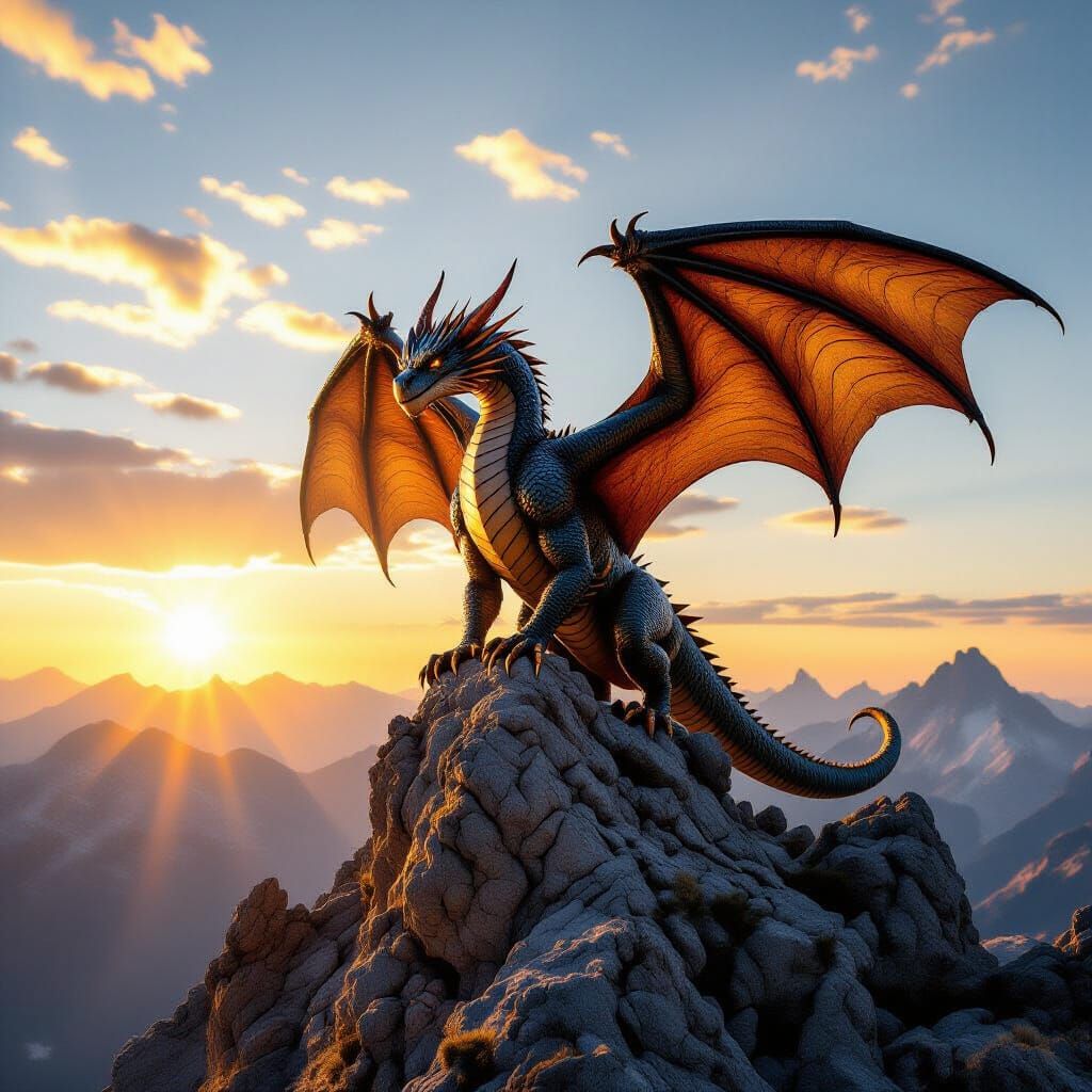 Majestic Wyvern on Mountain Peak at Golden Hour