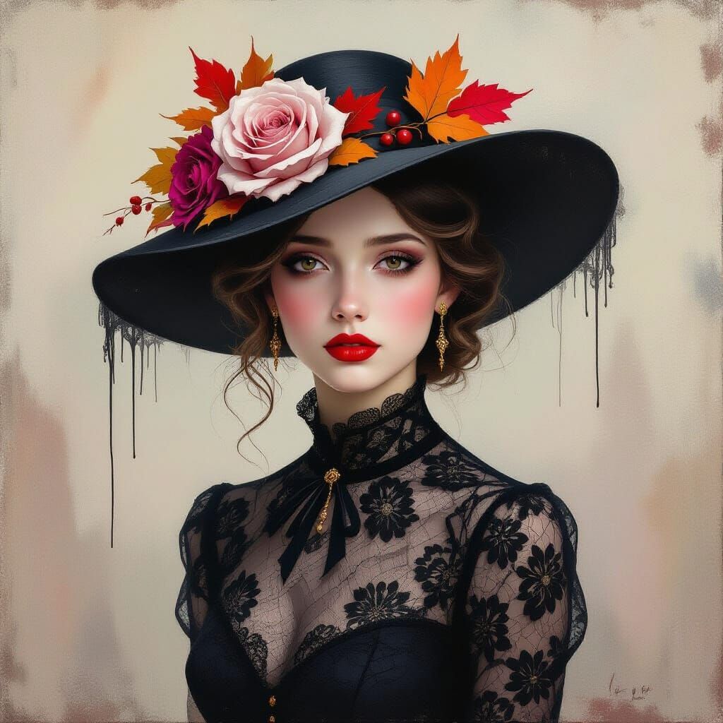 Surreal Woman with Rose and Autumn Leaves