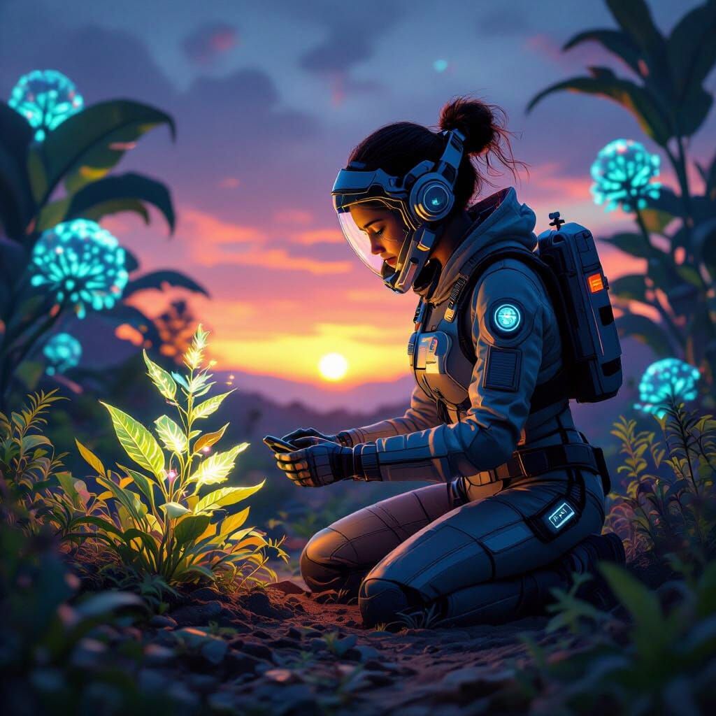 Xenobiologist and Bioluminescent Flora: Painterly Style