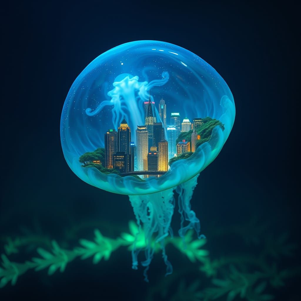 Utopian City Encased in Bioluminescent Jellyfish