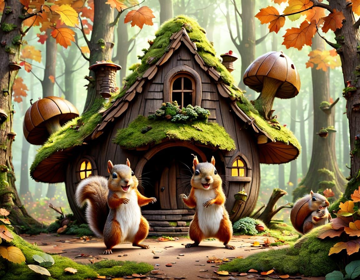Joyful Squirrels Dancing in a Whimsical Acorn Home