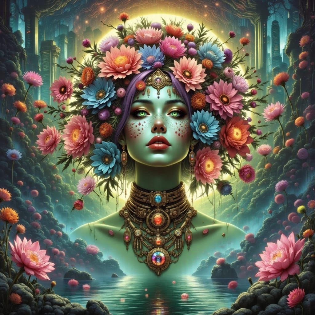 River Goddess Walking on Water in Cyberpunk Style