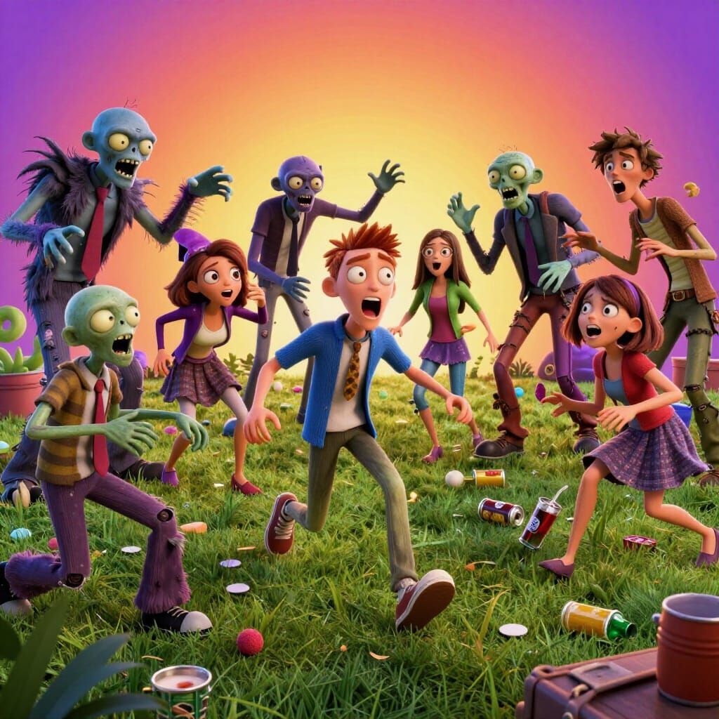 Chaotic Frat Party With Cartoon Ghouls and Zombies