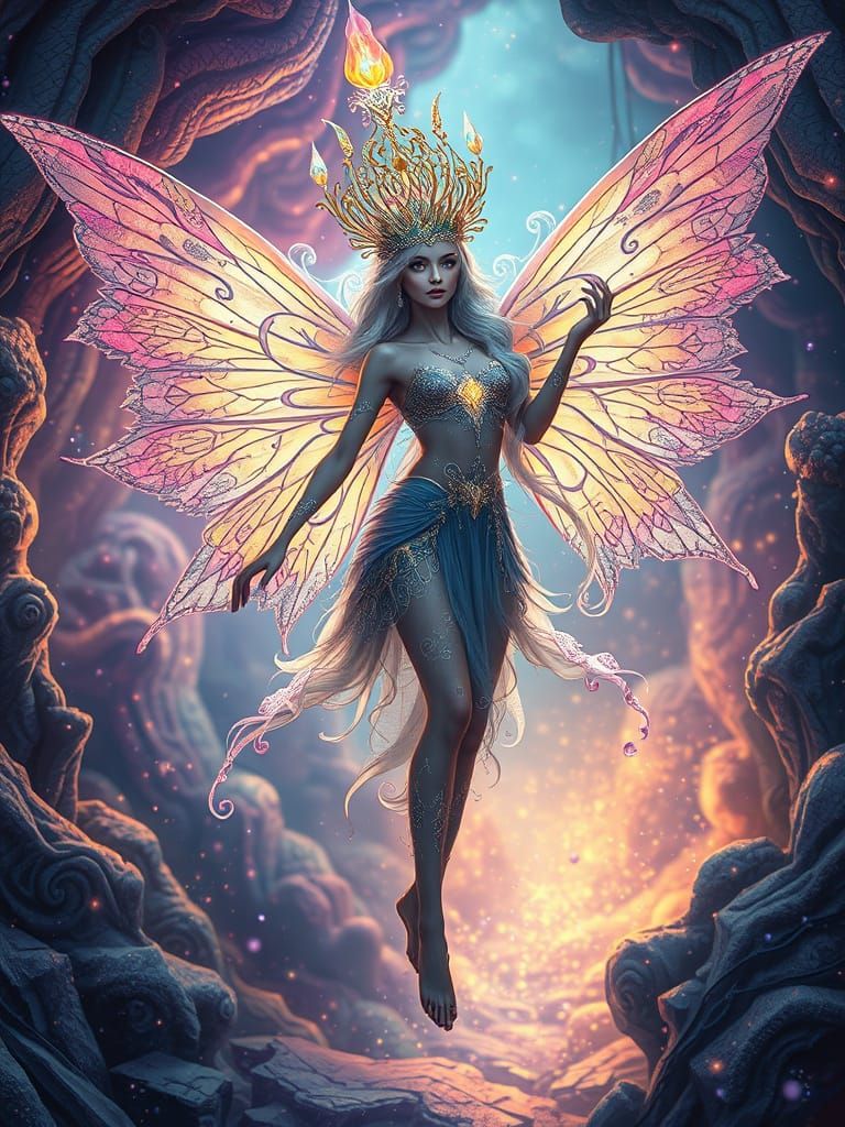 Divine Moth Fairy in Psychedelic Grotto, Digital Art