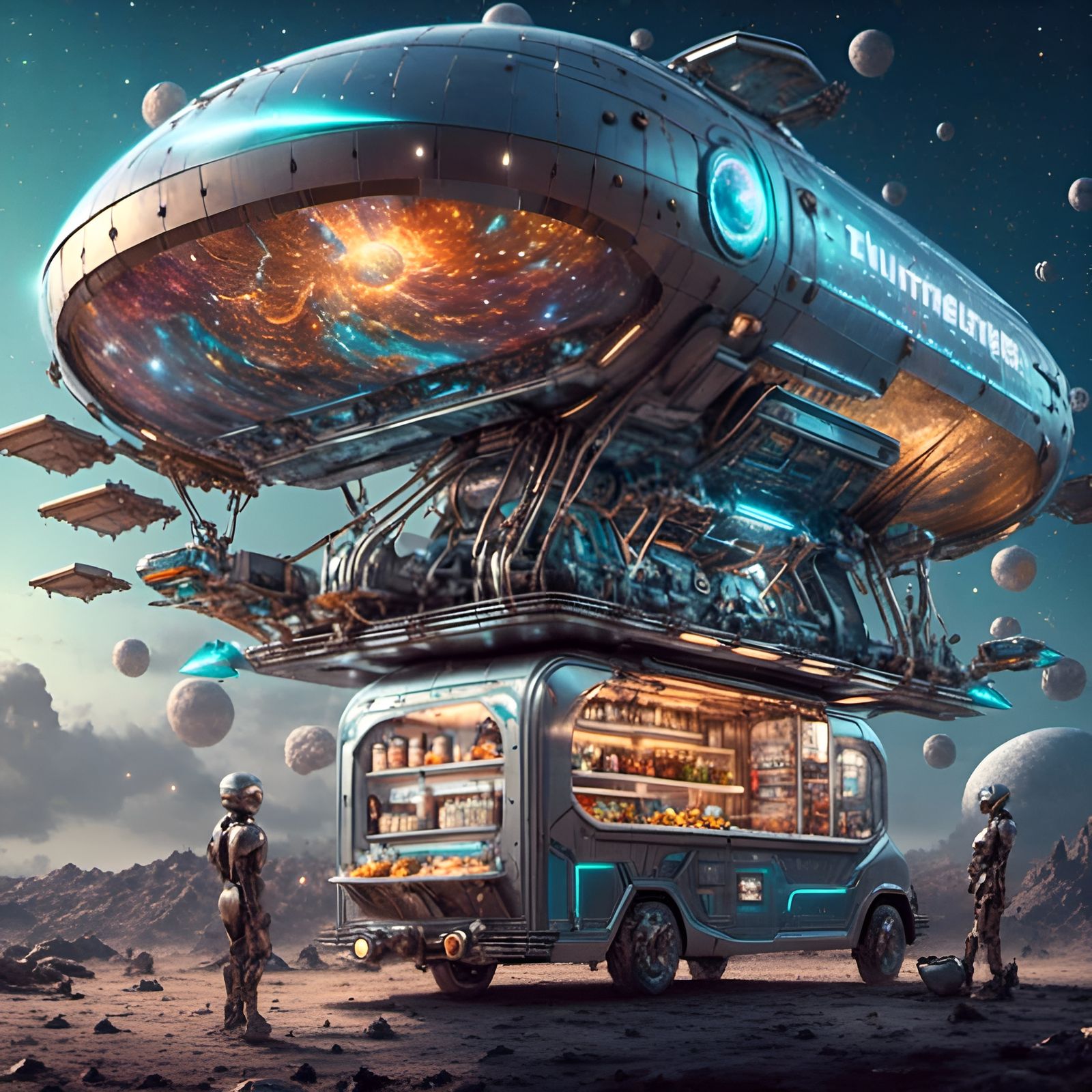 Futuristic Flying Food Truck in Space