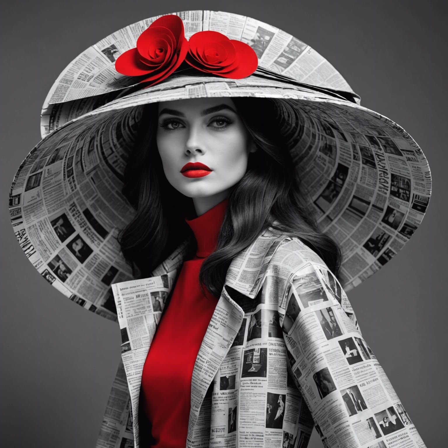 Elegant Model in Newspaper Hat, Red Colorsplash