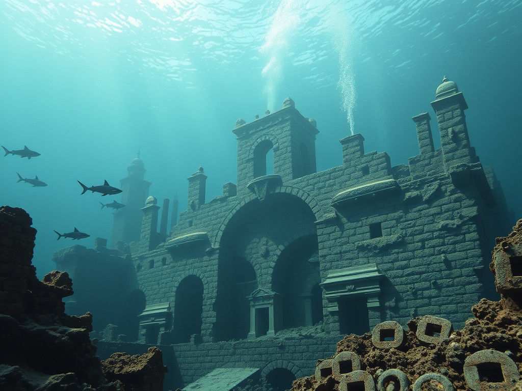Atlantis Ruins: Underwater Cityscape with Marine Life