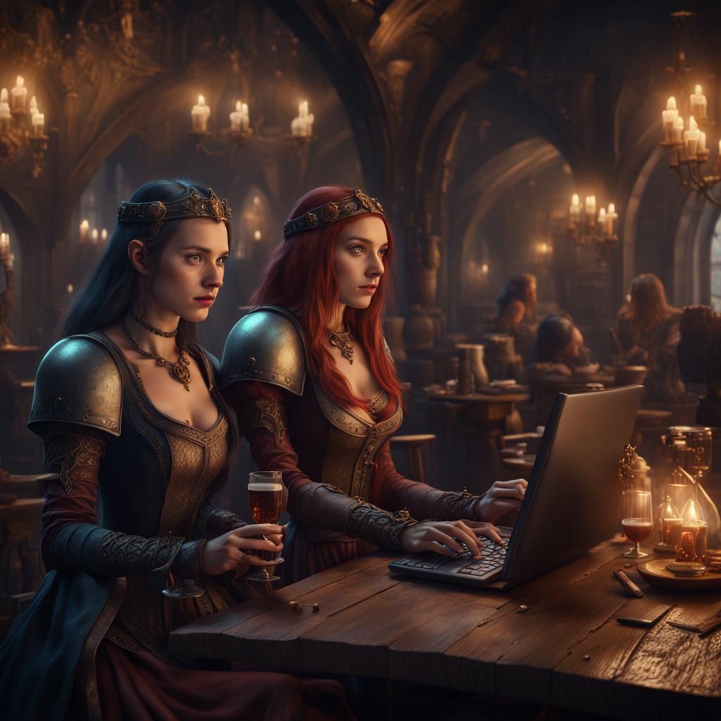 Medieval Girls in Night Cafe: Detailed Matte Painting