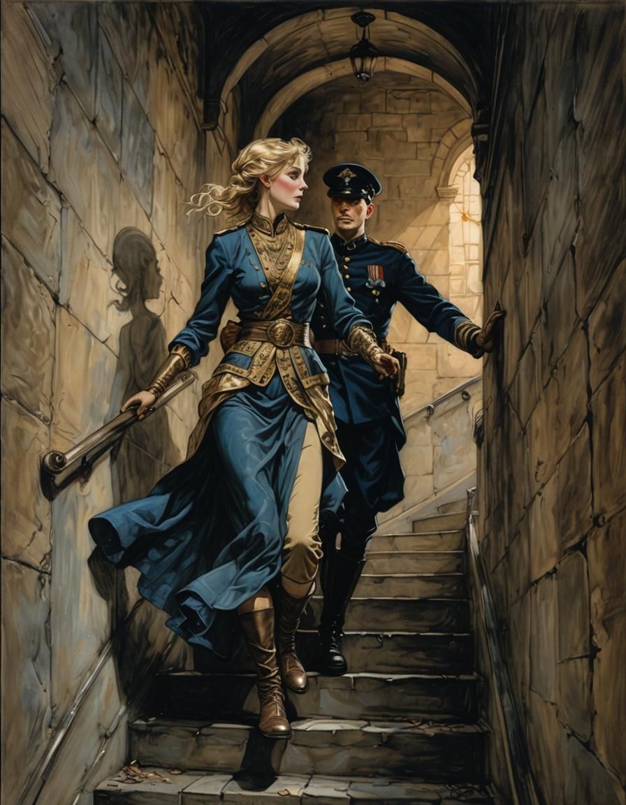 Officer Escorting Woman in Arthur Rackham Style
