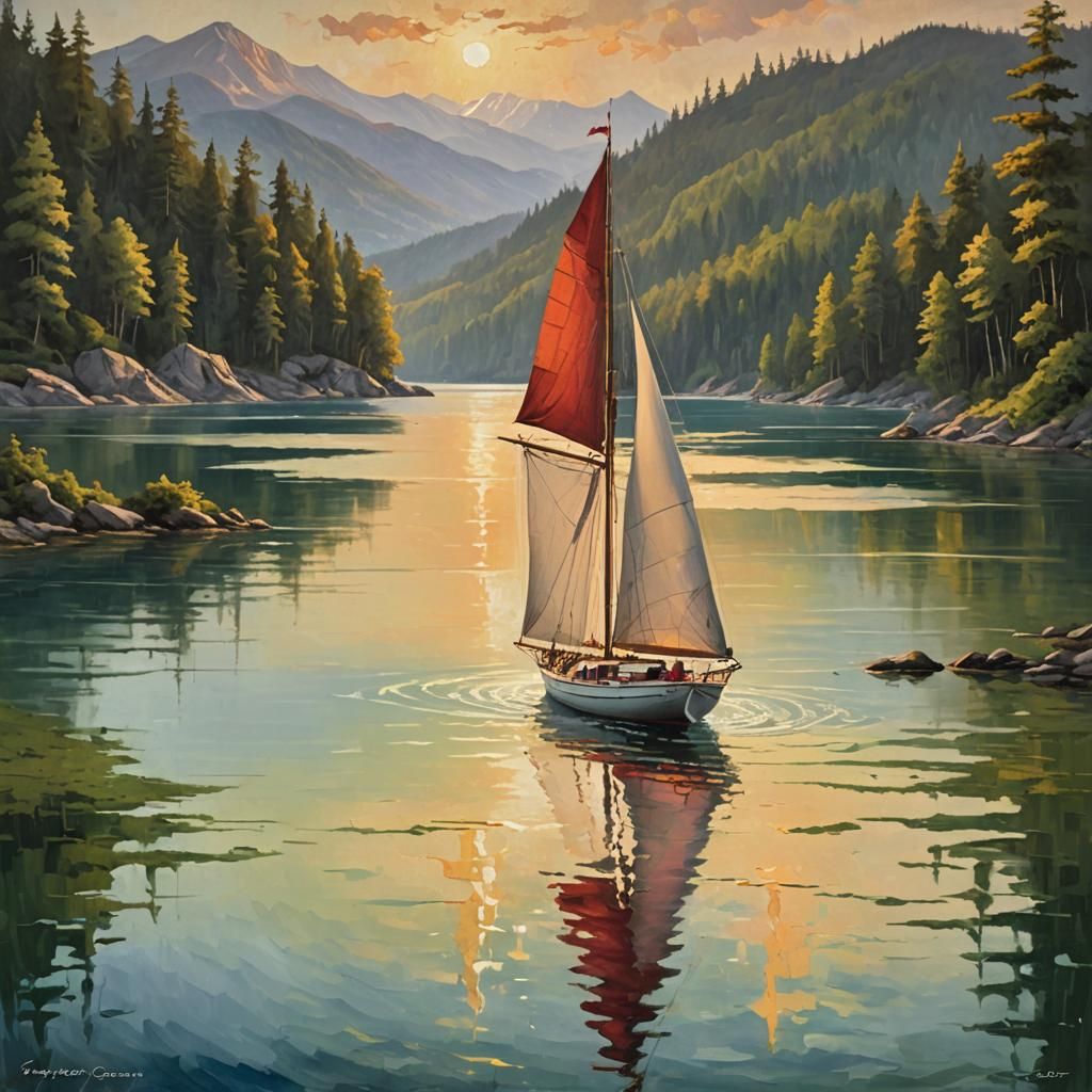 Sailboat on Lake as Oil Painting in Gurney Style