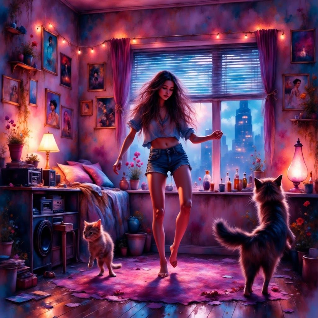 Hyperrealistic Synthwave Girl Dancing in Retro Bedroom