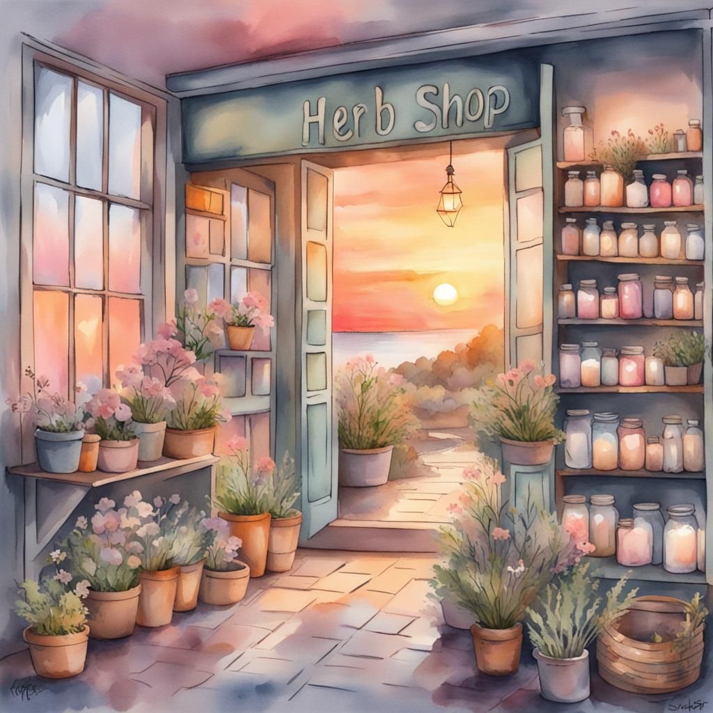 Herb Shop at Sunset in Pastel Watercolor
