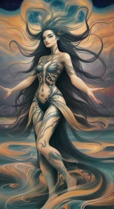 Surrealist Oil Painting of Sarah with Cosmic Tattoos