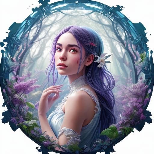 Fantasy Elf Portrait with Lilac Wings, Art Nouveau