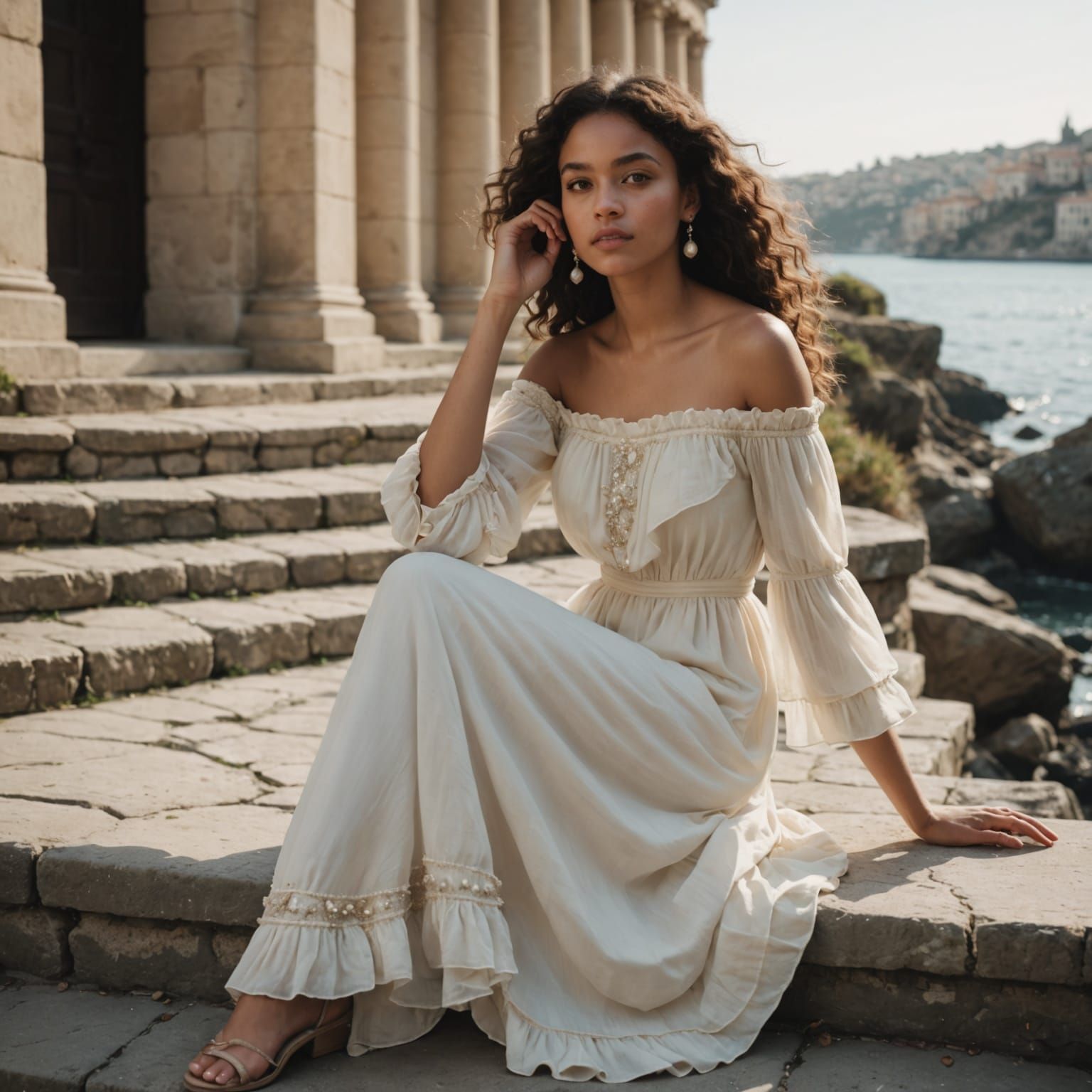 Mediterranean Goddess on Stone Steps in Elegant, Whimsical A...