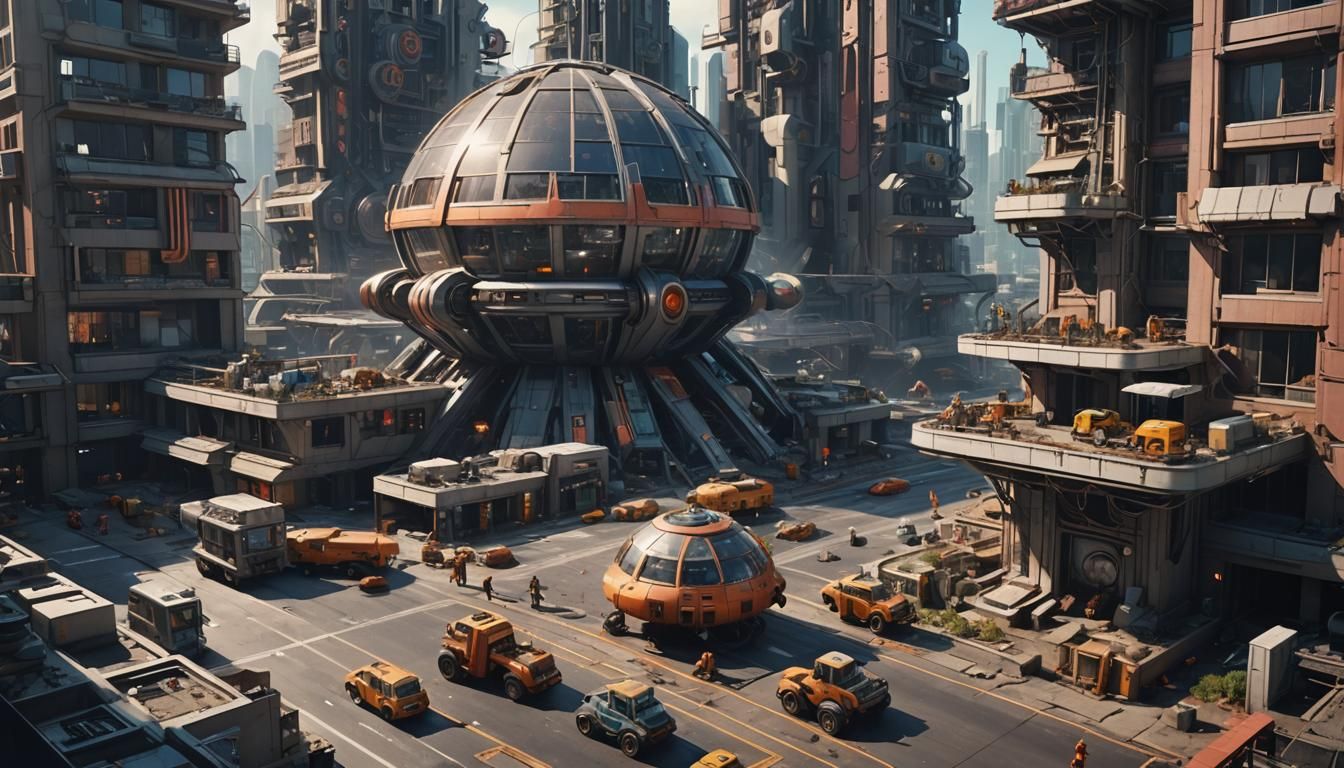 city in renovation, retro futuristic, workers building, pain...