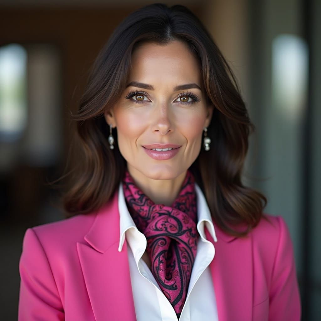 Confident Businesswoman in Elegant White and Pink Attire