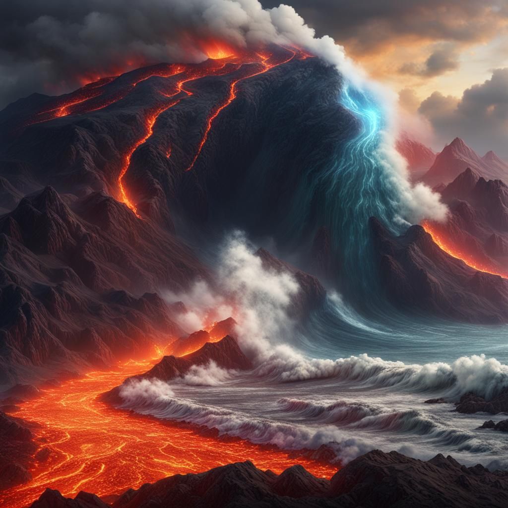 Volcano Magma Meets Tsunami Wave: Fantasy Concept Art