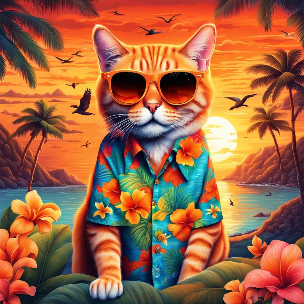 Cat in Hawaiian Shirt: Tiki Hut Beach Scene