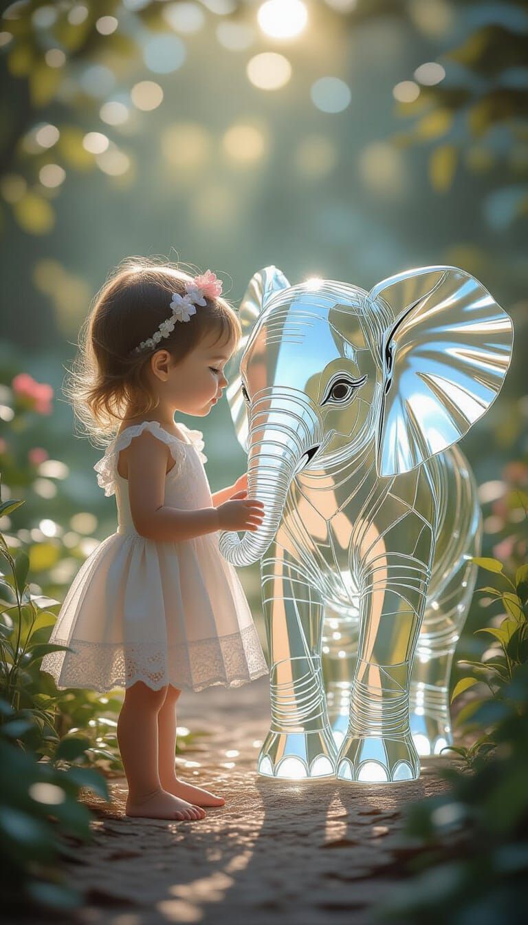 Crystal Girl and Elephant in Fantasy Garden