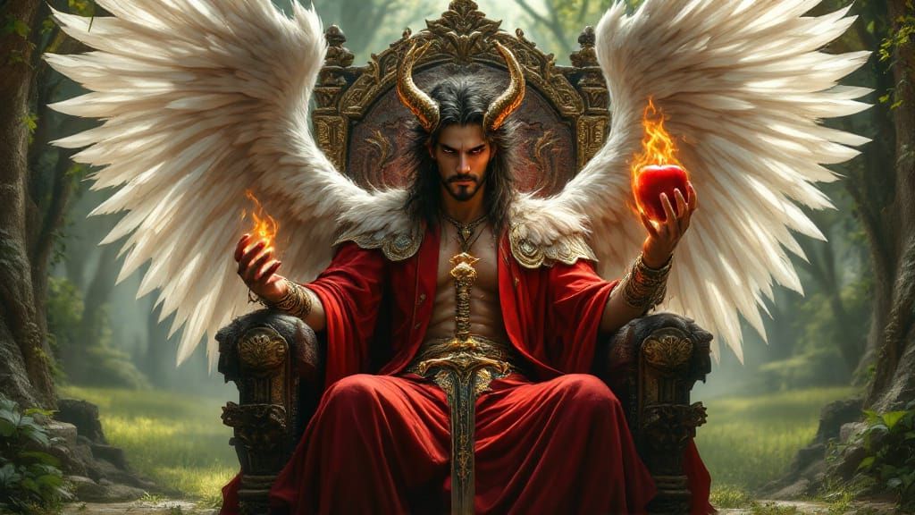 Lucifer on Ornate Throne Offers Apple