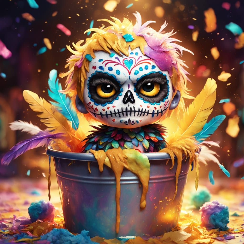 Grumpy Sugar Skull Chick in Bucket, Splatter Art