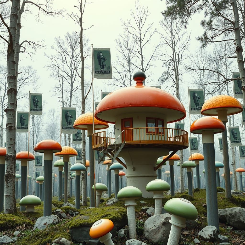 Hyperreal Sculptural Landscape with Modernist Cabin and Vint...