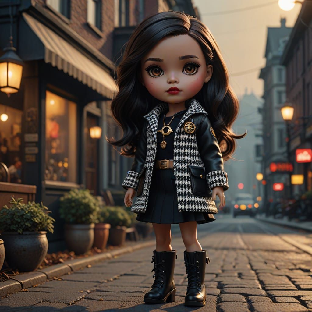 Mini Blythe Doll in Chic Houndstooth Jacket with Golden Hour...