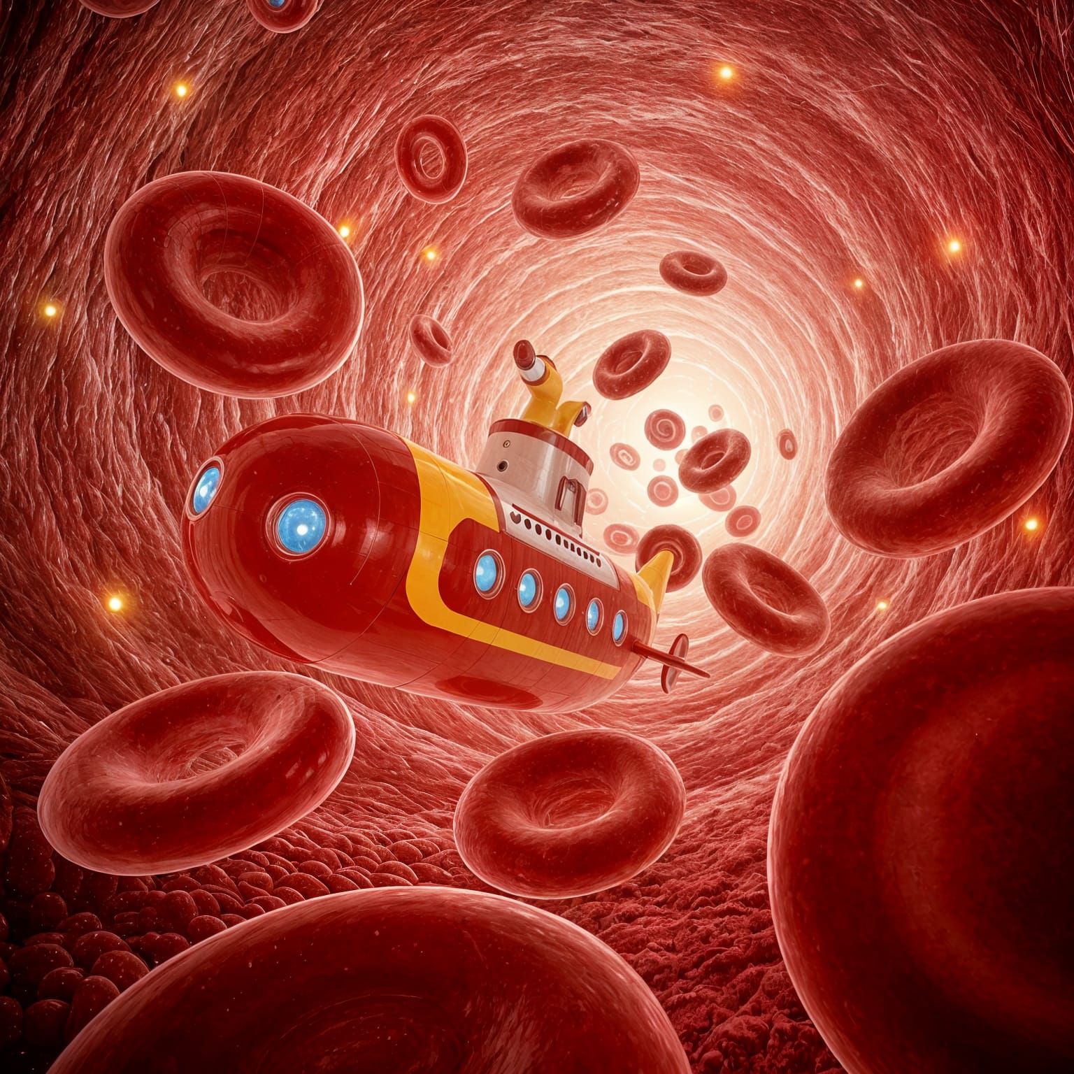 Red Submarine Dodging Blood Cells in Vein as 3D Art