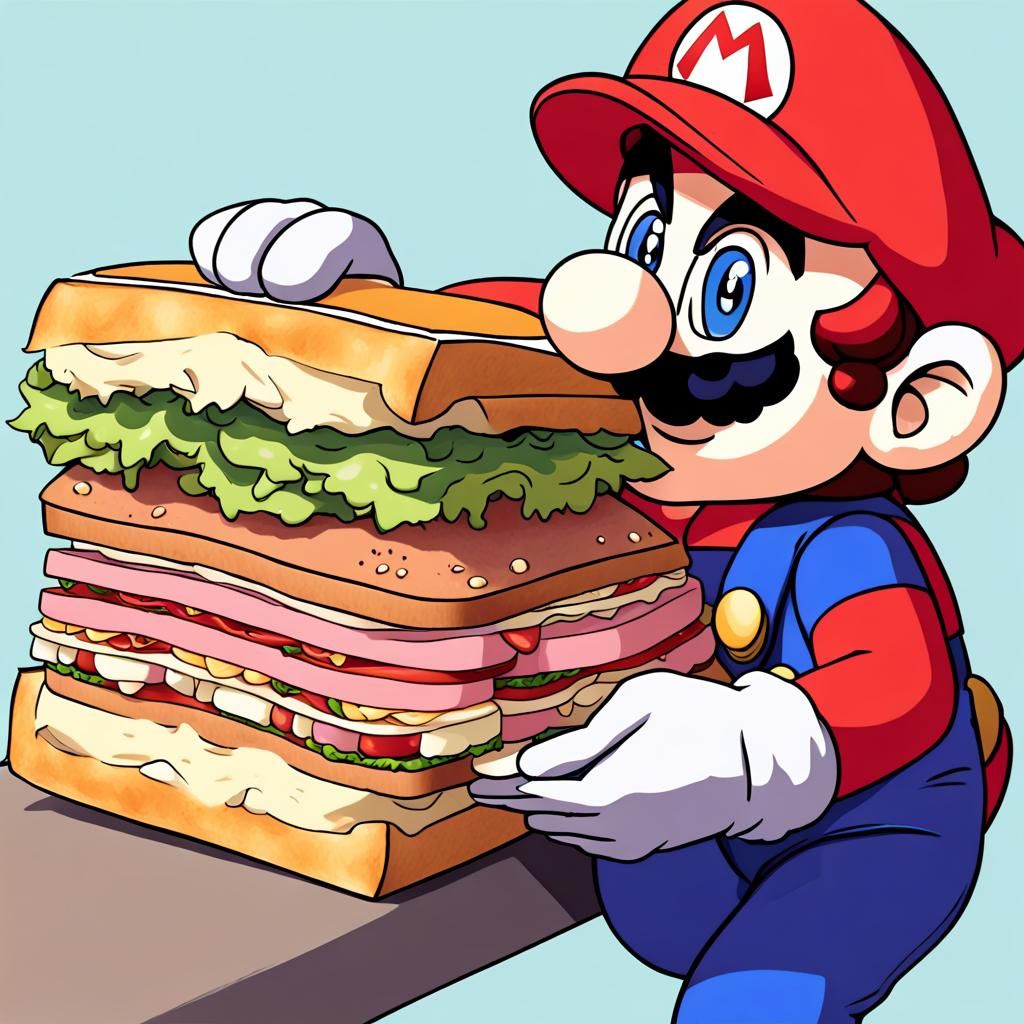 Mario Eating Sandwich in Anime Style