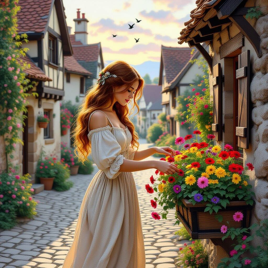 Medieval Dawn: Woman with Flowers in Pre-Raphaelite Style