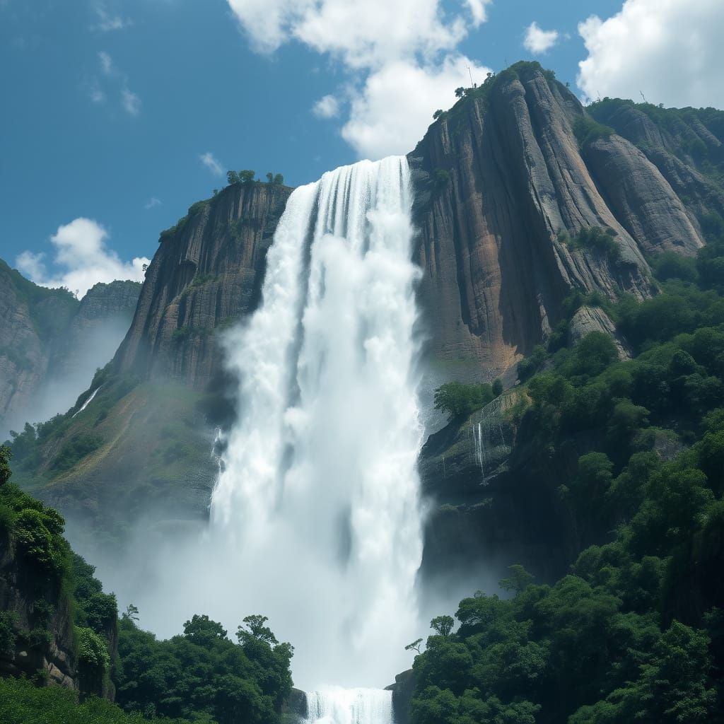 Waterfall Soaring From Skyscraper Over Rainforest