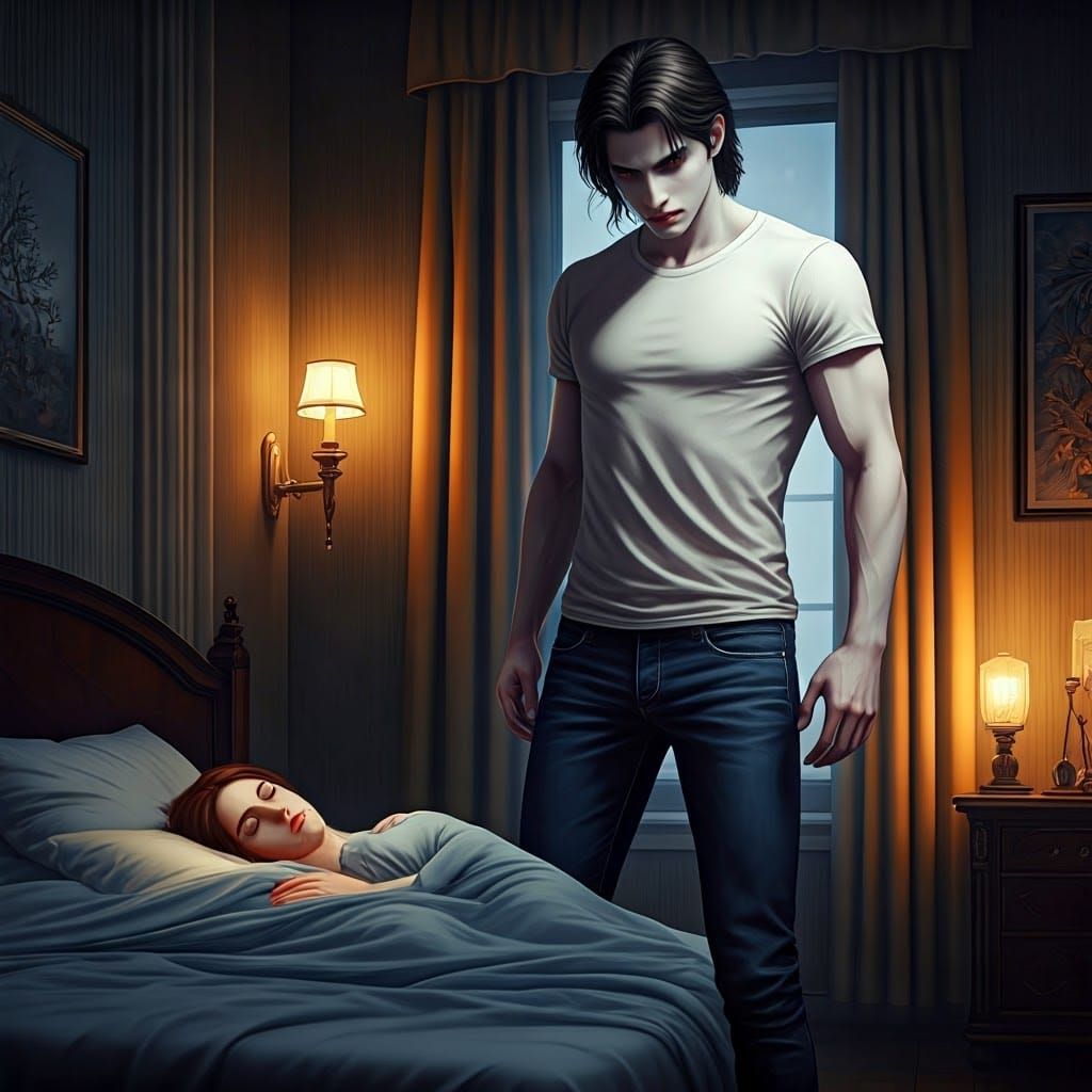 Ethereal Vampire's Gentle Vigil in Modern Bedroom