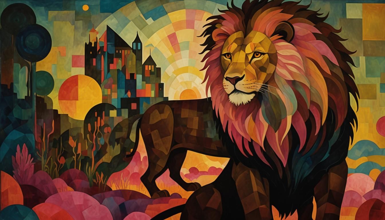 Neon Lion in Psychedelic Bauhaus Landscape