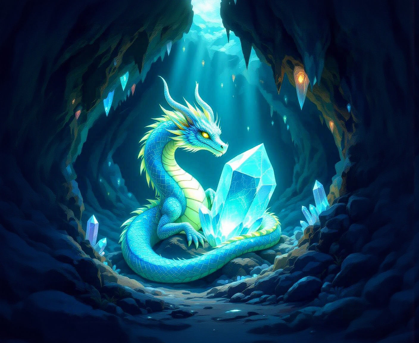 Bioluminescent Dragon in Crystal Cave: Artgerm Style