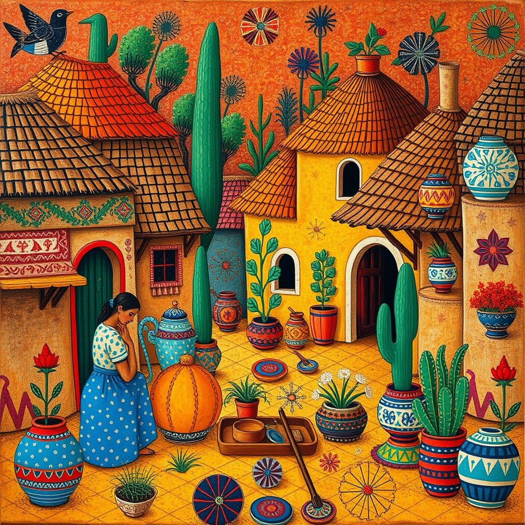 Folk Art Village Scene with Geometric Patterns