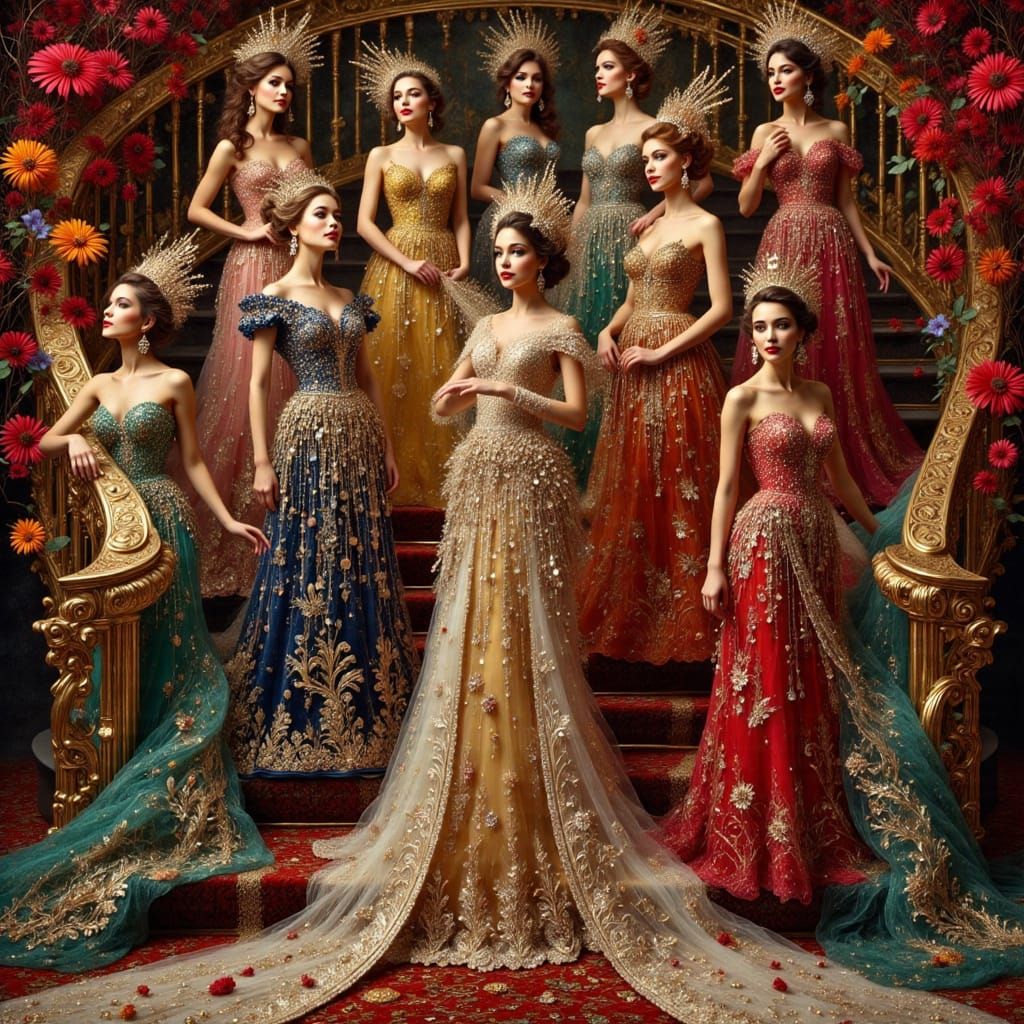 Elegant Singers on Grand Staircase in Opulent Style