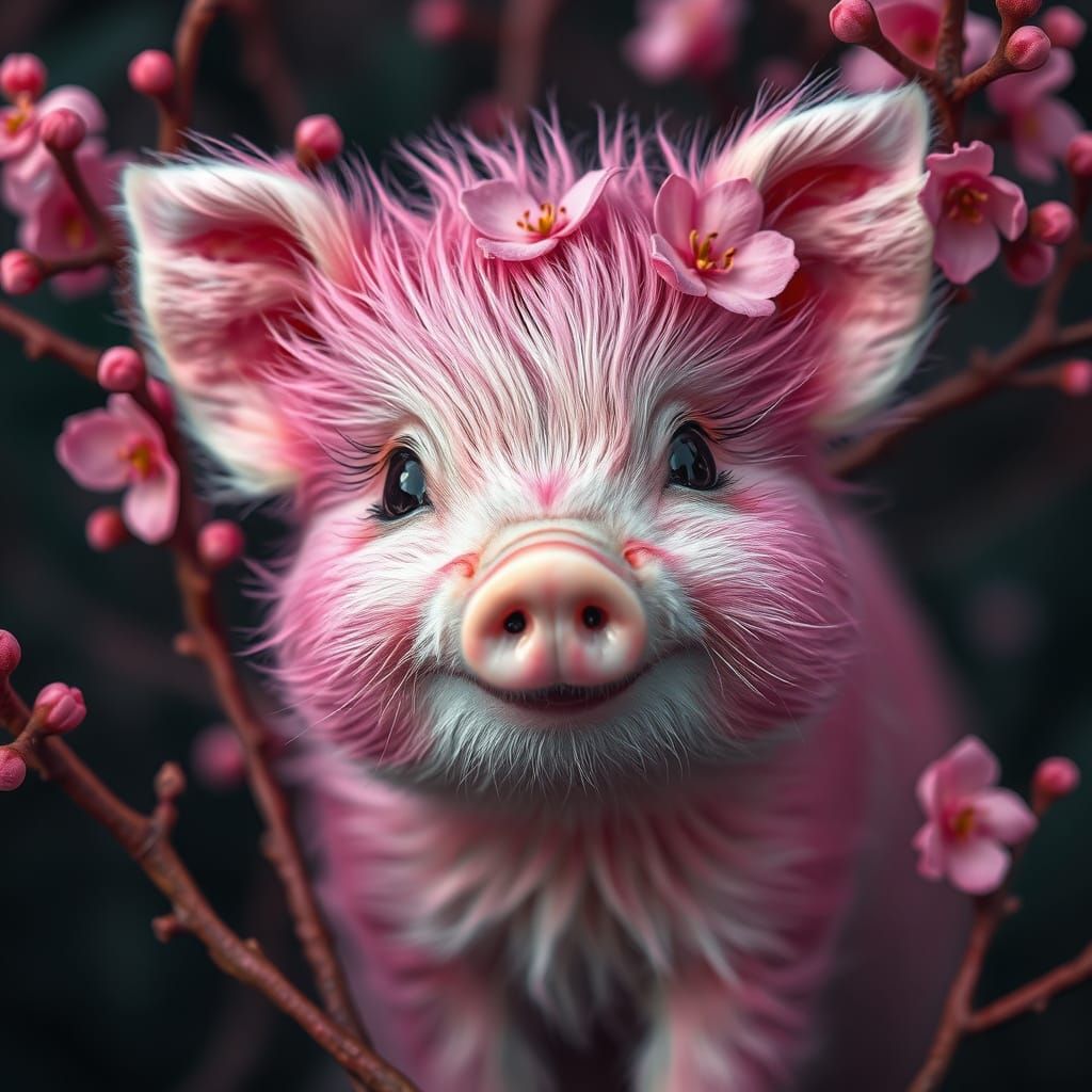 A Beautiful Pink Fluffy Furry Piglet smiling her fur is long...