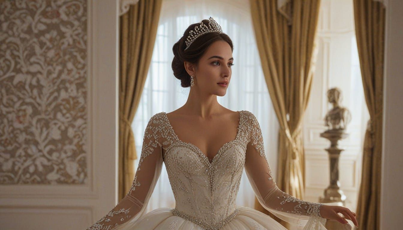 Elegant Princess in Luxurious Castle Hall, Realistic Photo S...