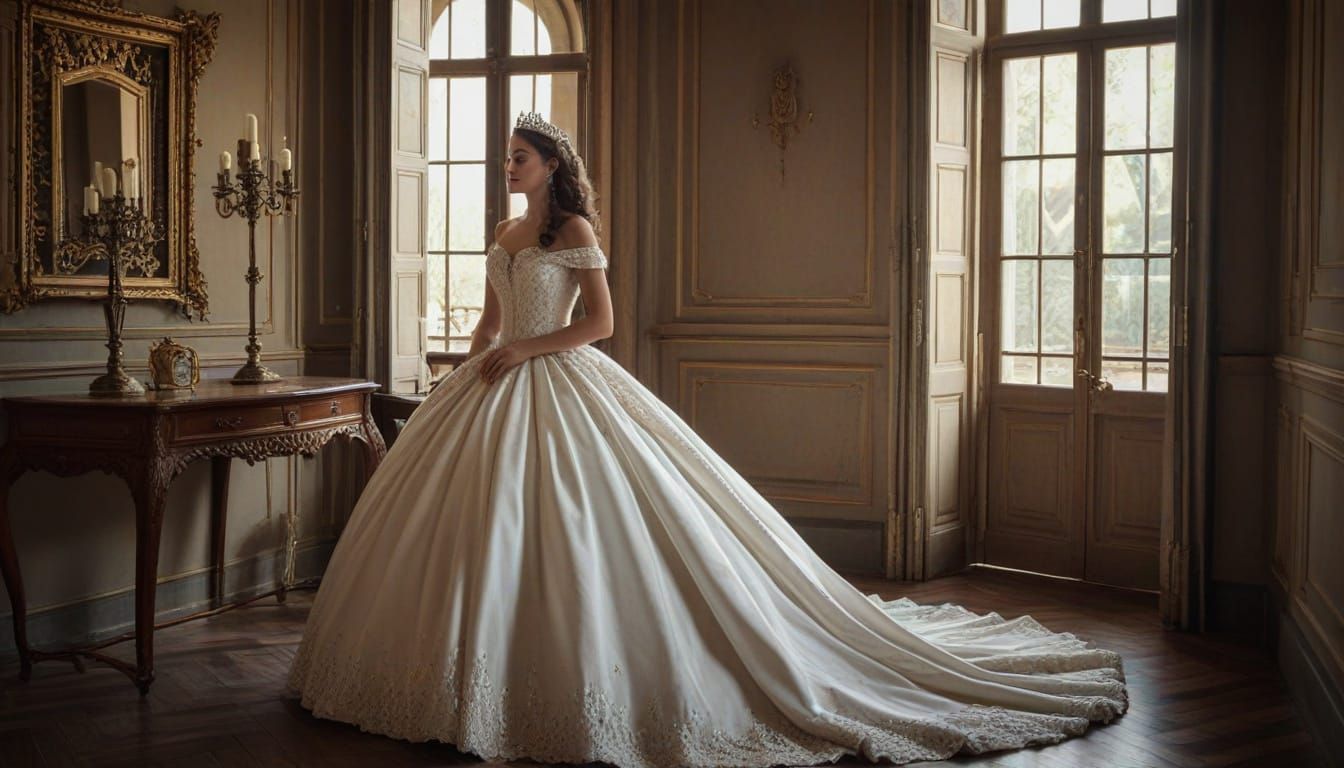 Elegant Princess in Luxurious Castle Hall, Realistic Photo S...