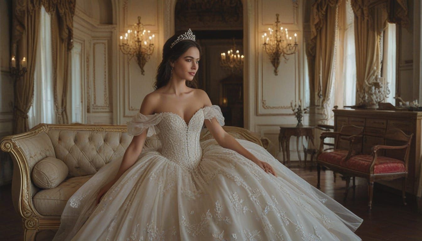 Elegant Princess in Luxurious Castle Hall, Realistic Photo S...