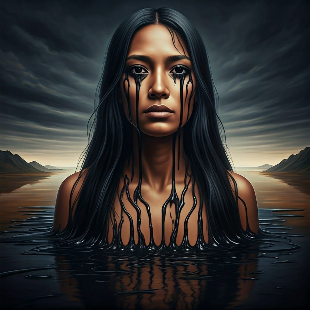 Melting Indigenous Woman in Surreal Oil Landscape