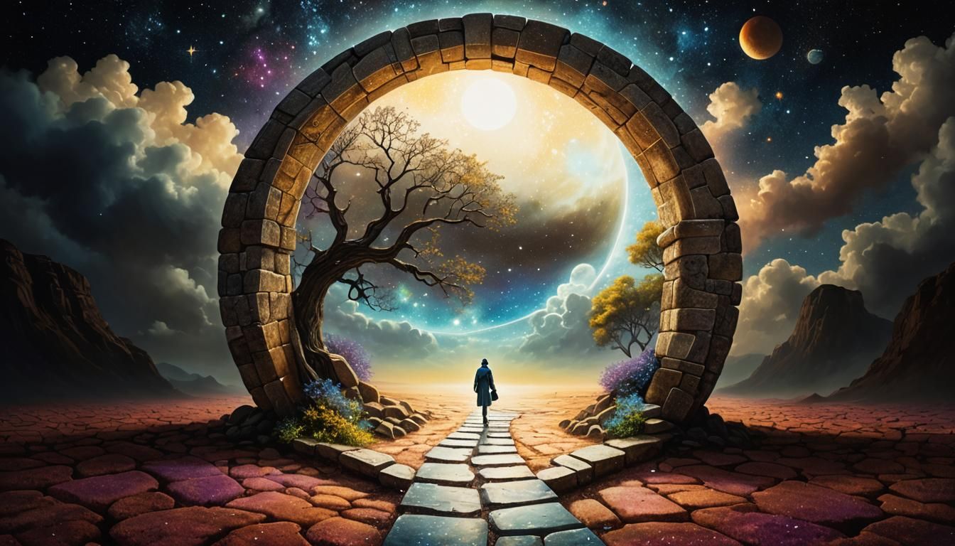 Surreal Figure Walks Towards Glowing Portal as Oil Painting