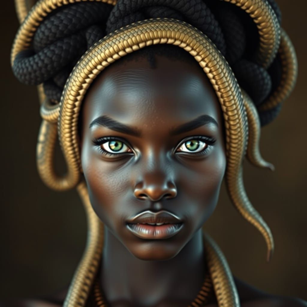 Seductive Ebony Goddess with Emerald Eyes and Serpentine Loc...