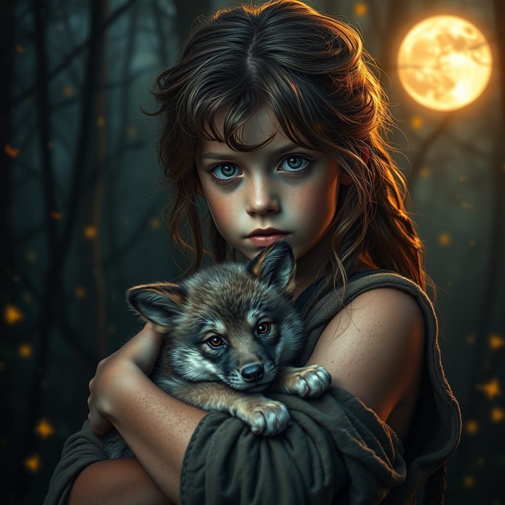 Mysterious Teenager Cradles Wolf Cub Under a Full Moon