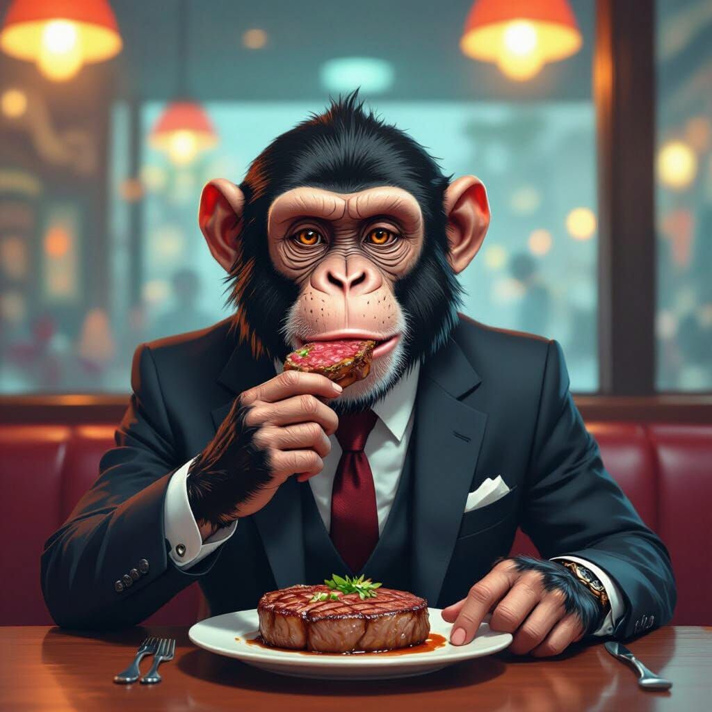 Monkey in Suit Eating Steak in Detailed Environment