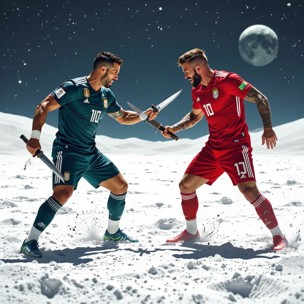 Soccer Legends Duel on the Moon in Sci-Fi Style