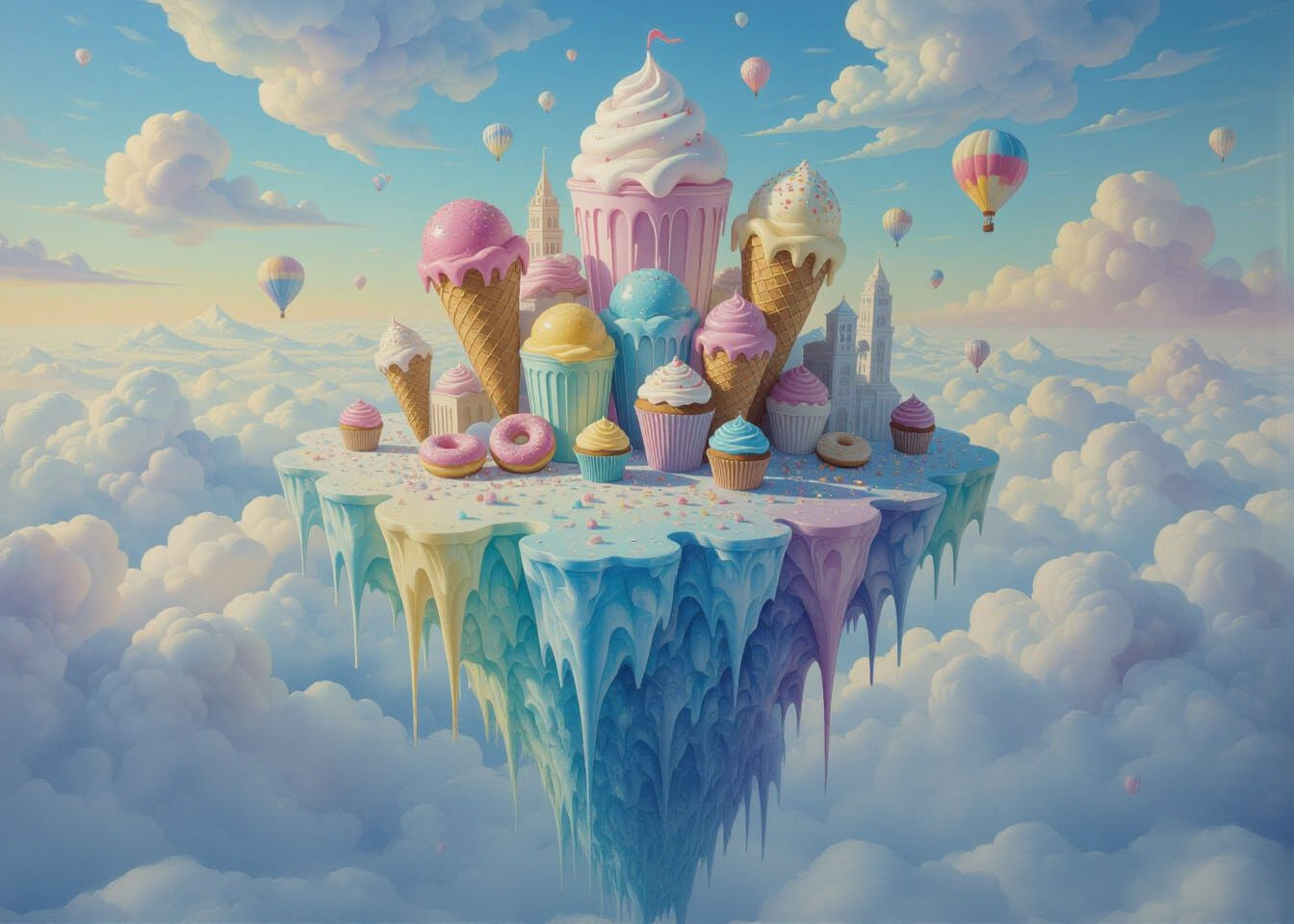 Floating Ice Cream City in Surreal Acrylic Painting